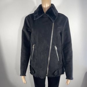 Divided H&M Full Zipped Faux Suede Fur Lined Moto Jacket Womens Size 8 Black